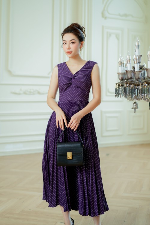 Sixdo Dark Purple Sripe Midi Woven Dress